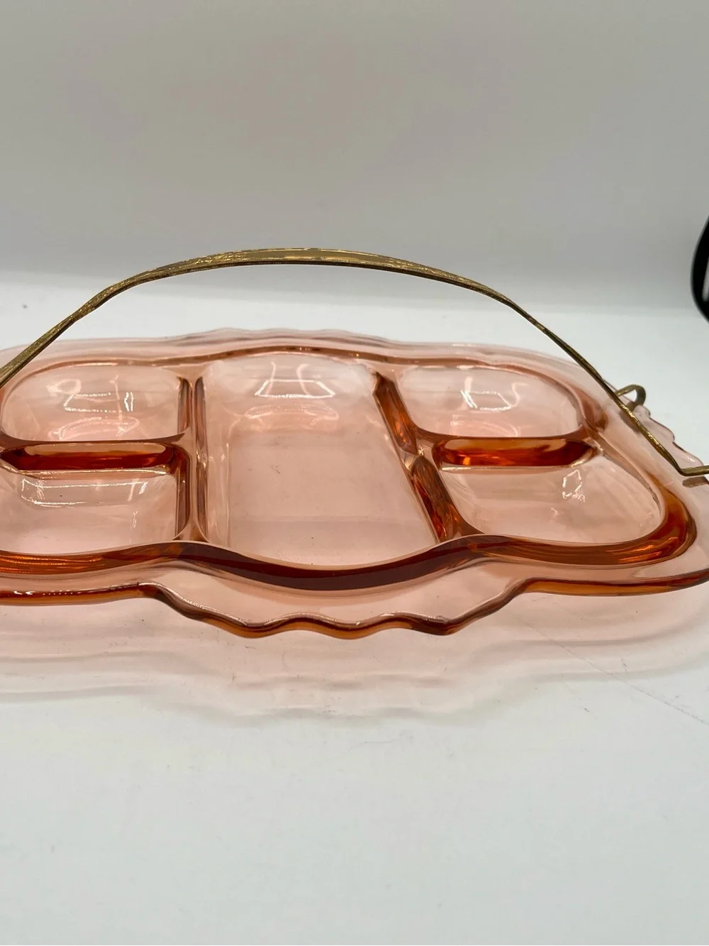 Vintage Pink Glass Divided Serving Tray with Handle from